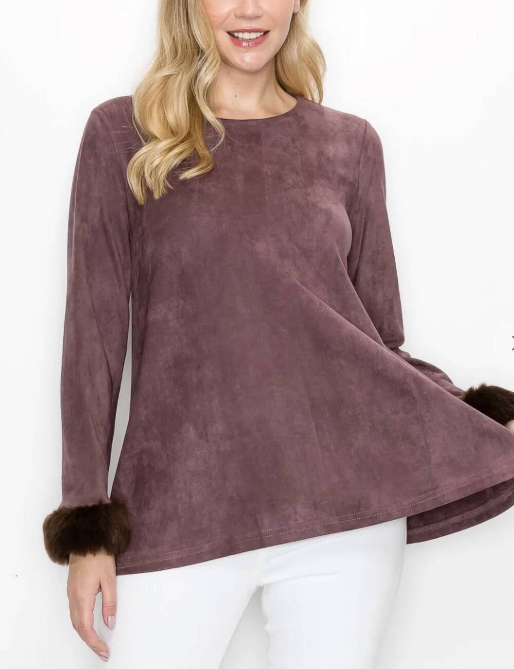 NEW JOH annabelle stretch suede top with fur accent in purple